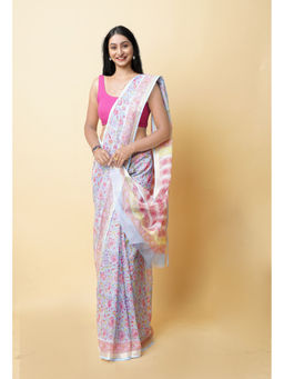 Unnati Silks - Blue Pure Hand Block Printed Kota Saree with Unstitched Blouse