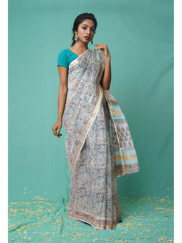 Unnati Silks - Grey Pure Hand Block Printed Kota Saree with Unstitched Blouse