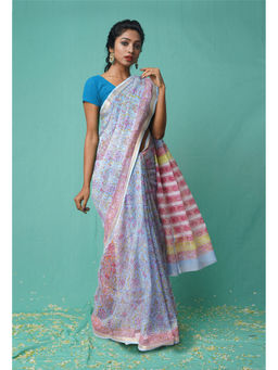 Unnati Silks - Blue Pure Hand Block Printed Kota Saree with Unstitched Blouse