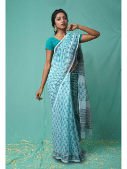 Unnati Silks - Turquoise Pure Hand Block Printed Kota Saree with Unstitched Blouse