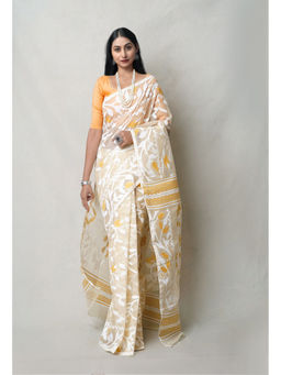 Unnati Silks - Cream Pure Handloom Dhaka Jamdani Cotton Saree