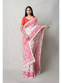 Unnati Silks - White Pure Handloom Dhaka Jamdani Cotton Saree