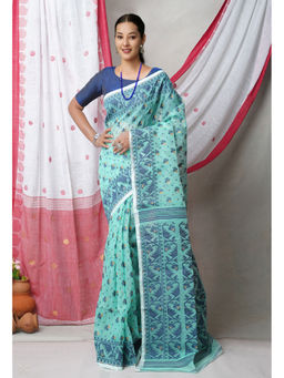 Unnati Silks - Turquoise Green Pure Handloom Dhaka Jamdani Cotton Saree