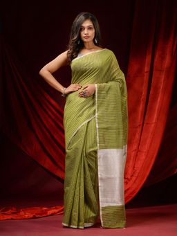 CHARUKRITI - Olive Green Cotton Silk Handwoven Zari Stripes & Zari Pallu Saree with Unstitched Blouse