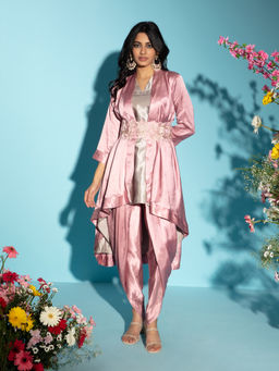Gajra Gang - Dreamy Drapes Mauve Modal Satin Kurta & Dhoti Pant, Shrug & Embroidered Belt GGSKD75 (Set of 4)