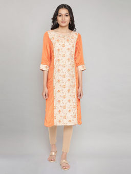 Aurelia - Orange Round Neck Printed Straight Kurta