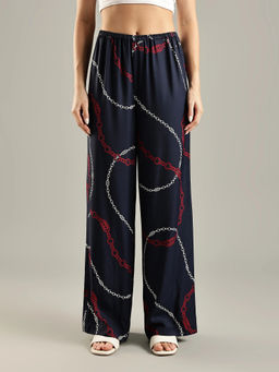 Tommy Hilfiger - Navy Blue Relaxed Fit Printed Mid Rise Palazzo