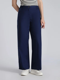Tommy Hilfiger - Navy Blue Wide Leg Fit Solid Mid Rise Trouser