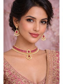 Bdiva - Gold Plated Pink Kundan Semi Cultured Pearl Choker Set