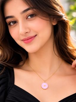 Bdiva - Gold Plated Pink Flower Pendant Necklace