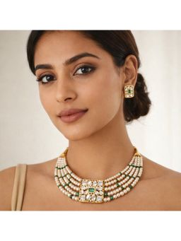Bdiva - Gold Plated Green Kundan Semi Cultured Pearl Choker Set