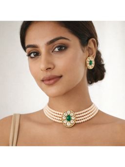 Bdiva - Gold Plated Green Kundan Semi Cultured Pearl Choker Set