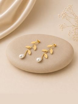 Bdiva - Gold-Plated Leaf Pearl Drop Earrings