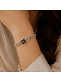 Bdiva - Rhodium Plated Multi Color Cubic Zirconia Floral Bracelet