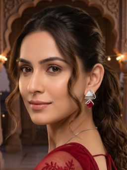 Bdiva - Rhodium Plated Red Cubic Zirconia Drop Earrings