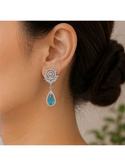 Bdiva - Rhodium Plated Blue Cubic Zirconia Drop Earrings