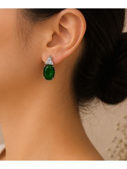 Bdiva - Rhodium Plated Green Stone Cubic Zirconia Stud Earrings
