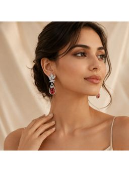 Bdiva - Rhodium Plated Red Cubic Zirconia Floral Style Drop Earrings