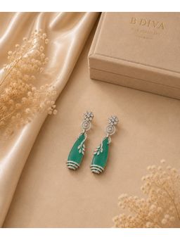 Bdiva - Rhodium Plated Green Cubic Zirconia Drop Earrings