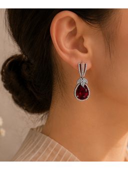 Bdiva - Rhodium Plated Halo Style Red Zirconia Drop Earrings