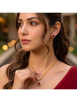 Bdiva - Gold Plated Red Cubic Zirconia Solitaire Halo Pendant and Earrings Set