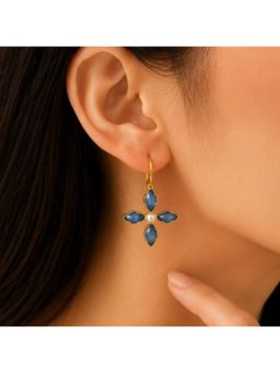 Bdiva - Gold Plated Blue Floral Cubic Ziconia Pearl Drop Earrings