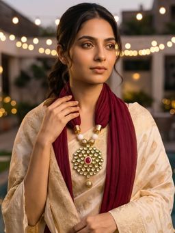 Bdiva - Maroon Georgette Scarf With Kundan Motif