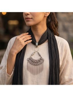 Bdiva - Black Georgette Scarf With Oxidized Motif
