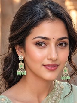 Bdiva - Gold Plated Kundan Green Pearl Drop Earrings