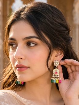 Bdiva - Gold Plated Kundan Multi Color Pearl Drop Earrings