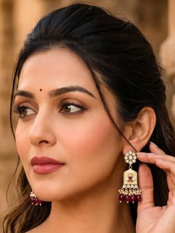 Bdiva - Gold Plated Kundan Maroon Pearl Drop Earrings