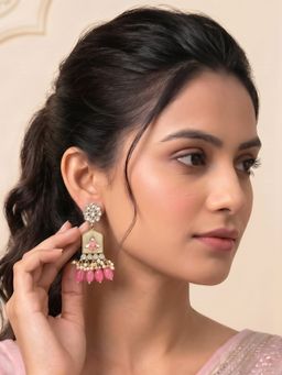Bdiva - Gold Plated Kundan Pink Pearl Drop Earrings