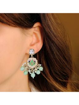 Bdiva - Gold Plated Kundan Green Pearl Drop Earrings
