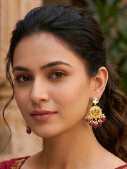 Bdiva - Gold Plated Kundan Maroon Pearl Drop Earrings