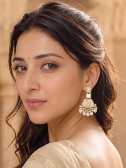 Bdiva - Gold Plated Kundan White Pearl Drop Earrings