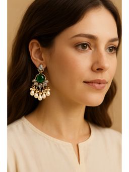Bdiva - Gold Plated Green Stone Pearl Drop Earrings