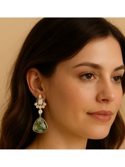 Bdiva - Gold Plated Green Kundan Drop Earrings