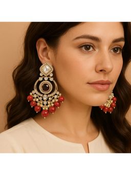 Bdiva - Gold Plated Red Chandbali Pearl Drop Earrings