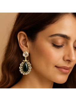 Bdiva - Gold Plated Green Stone Kundan Drop Earrings