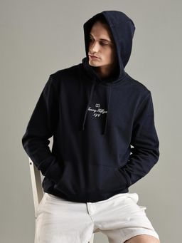 Tommy Hilfiger - Navy Blue Printed Logo Regular Fit Cotton Hoodie