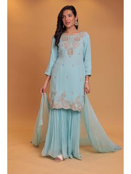 Zari Jaipur - Blue Embroidery Kurta & Sharara with Dupatta (Set of 3)