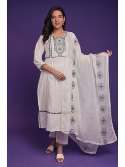Zari Jaipur - White Embroidery Kurta & Pant with Dupatta (Set of 3)