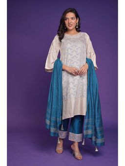 Zari Jaipur - Cream Embroidery Kurta & Pant with Dupatta (Set of 3)