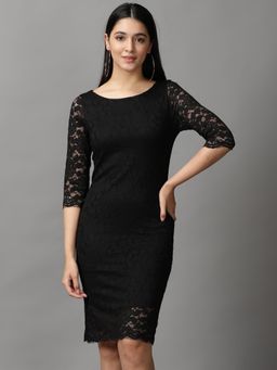 SHOWOFF - Womens Knee Length Bodycon Black Self Design Dress
