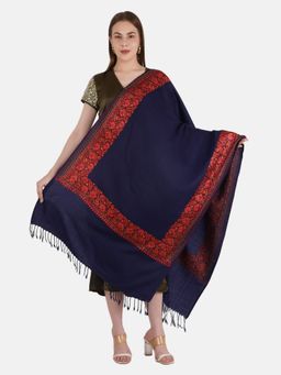 MUFFLY - Women Pashmina Fine Wool Floral Work Stole Navy Blue