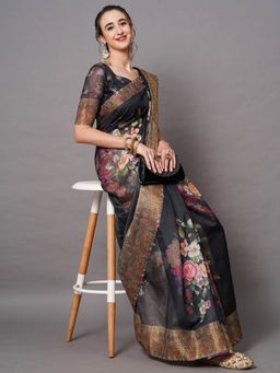 Odette - Black Festive Linen Blend Printed Saree with Unstitched Blouse