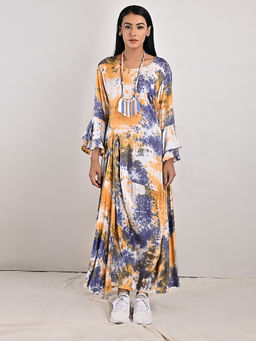 Bohame - Eva Blue & Mustard Pleated Dress with Neckpiece (Set of 2)