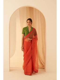 Janki India - Women Rust Organza Embroidered Saree with Peticoat without Blouse