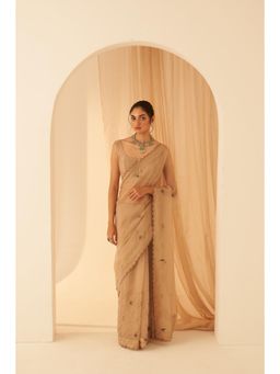 Janki India - Women Beige Organza Embroidered Saree with Peticoat without Blouse