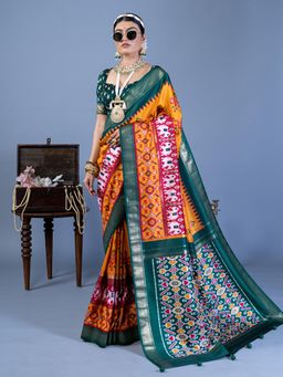 Elora - Polyester Viscose silk Patola Printed Saree (Orange)